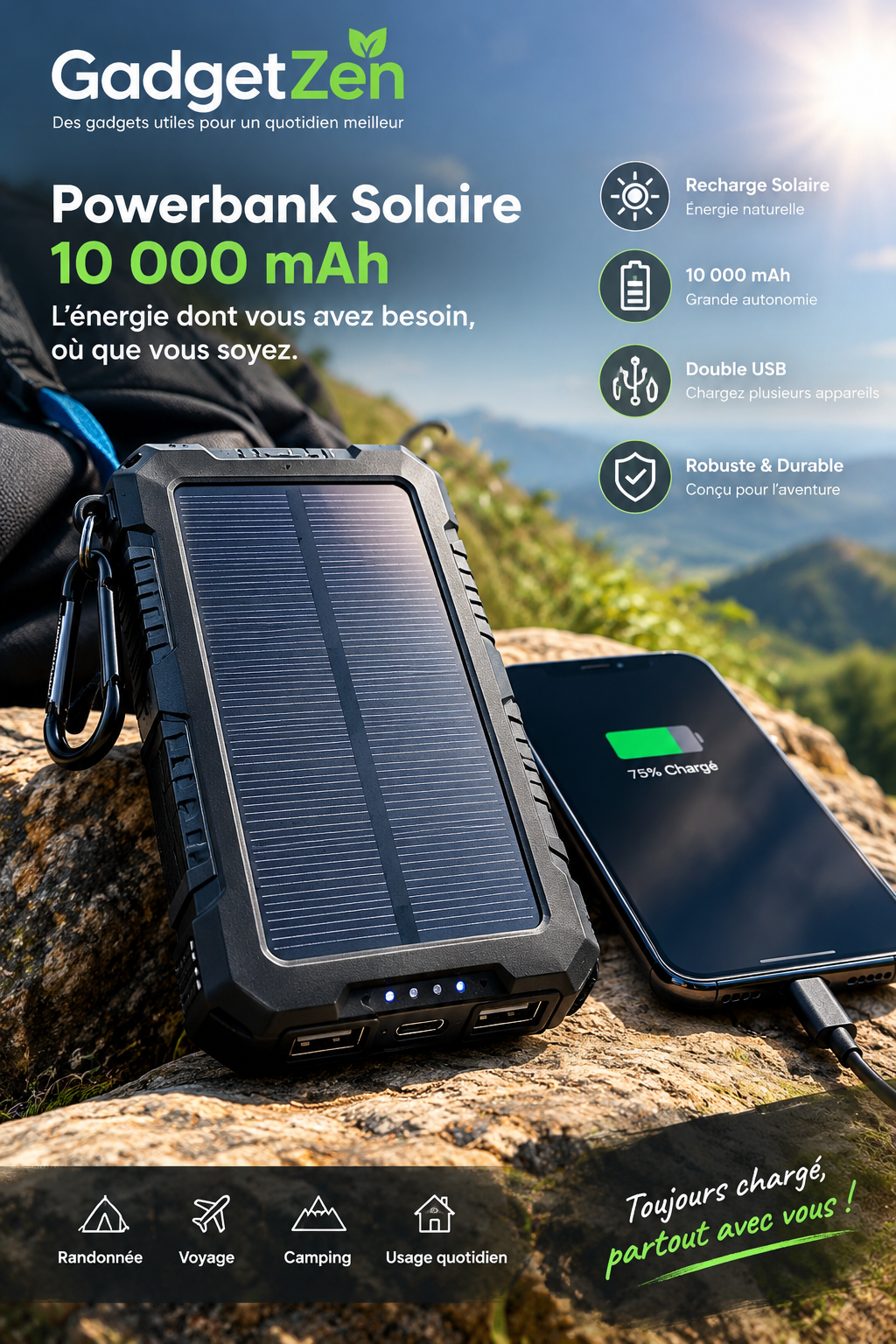 Powerbank Solaire Portable 10 000 mAh – Recharge USB & Solaire