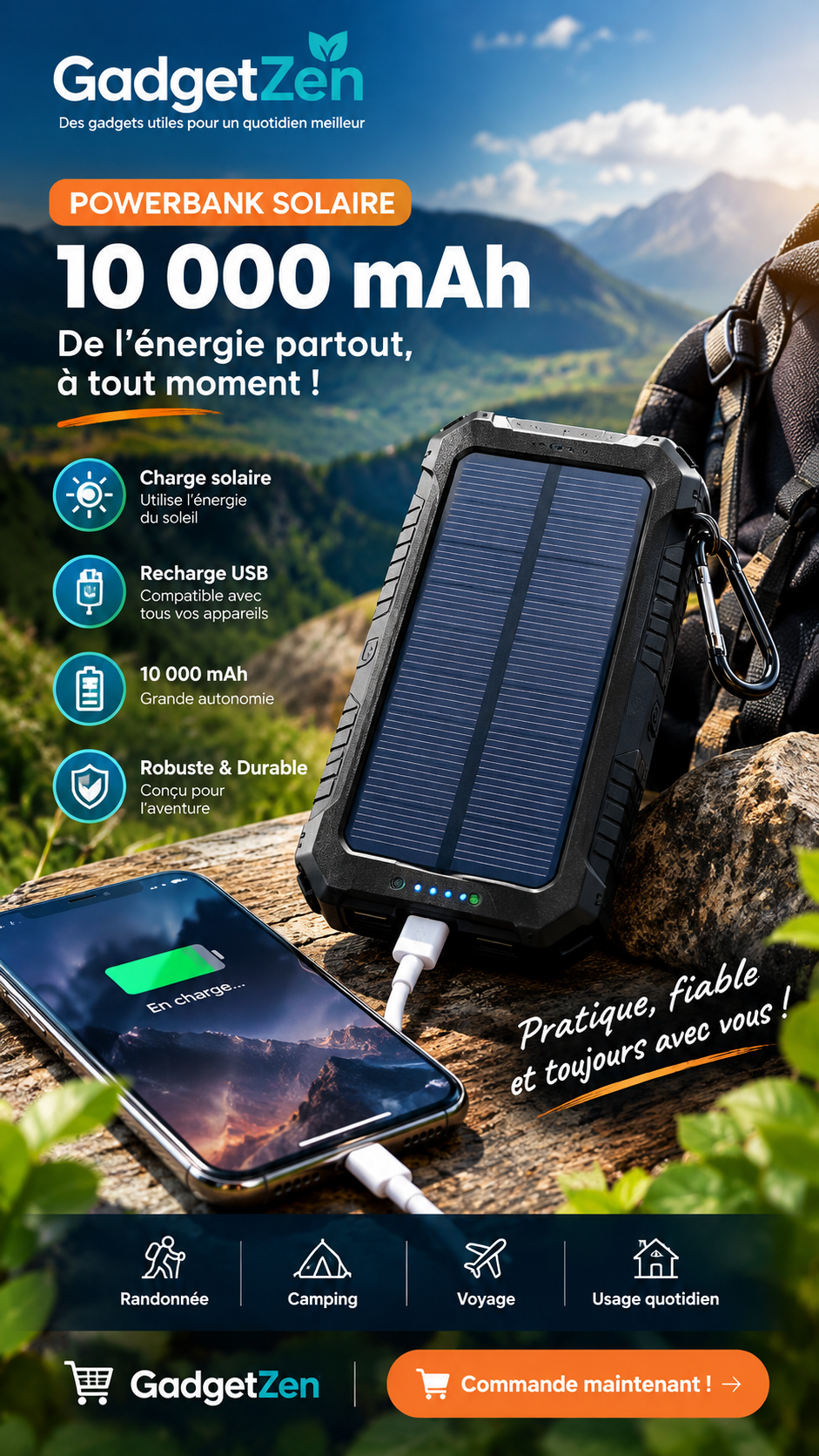 Powerbank Solaire Portable 10 000 mAh – Recharge USB & Solaire