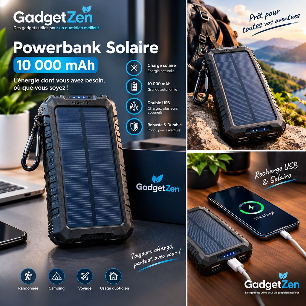 Powerbank Solaire Portable 10 000 mAh – Recharge USB & Solaire