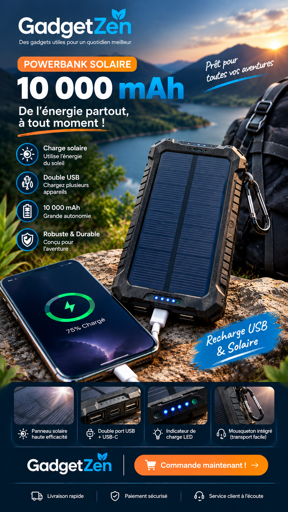 Powerbank Solaire Portable 10 000 mAh – Recharge USB & Solaire